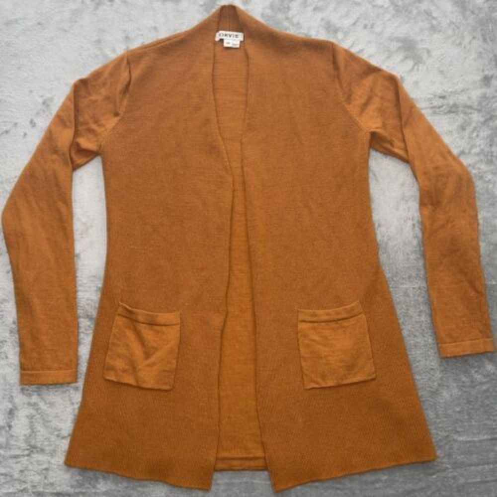 Orvis Sweater Cardigan Women's XS Merino Wool Open Front Tunic‎ Orange *read*